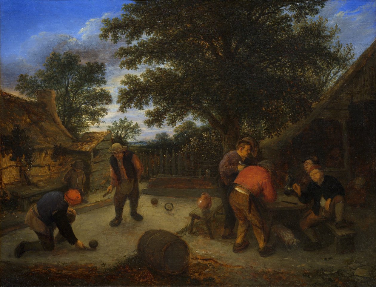 Bollspelare i värdshusets trädgård, ca 1660 (olja på pannå) av Adriaen Jansz. van Ostade