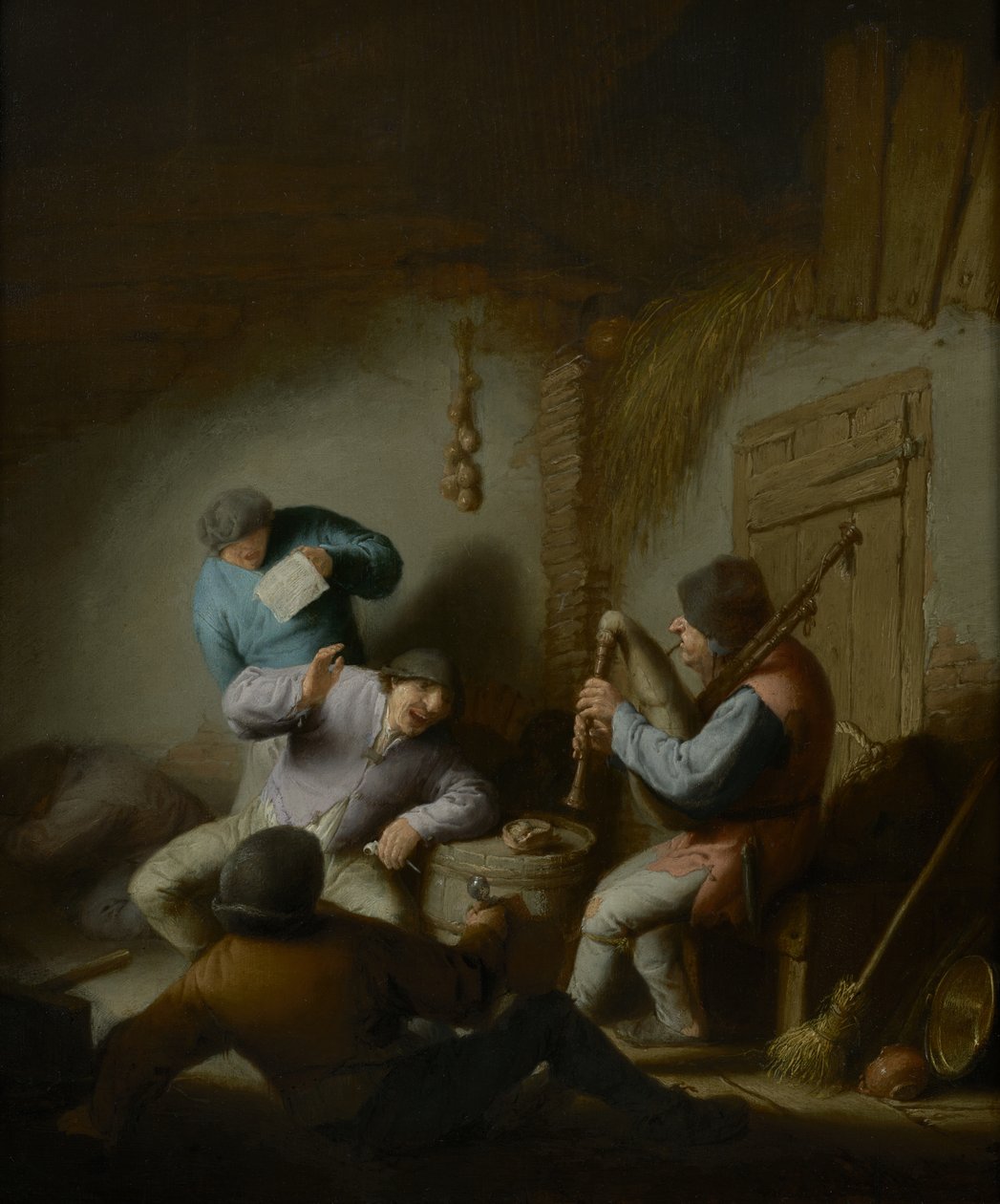 Ladugårdsinredning med bönder som gör musik av Adriaen Jansz. van Ostade