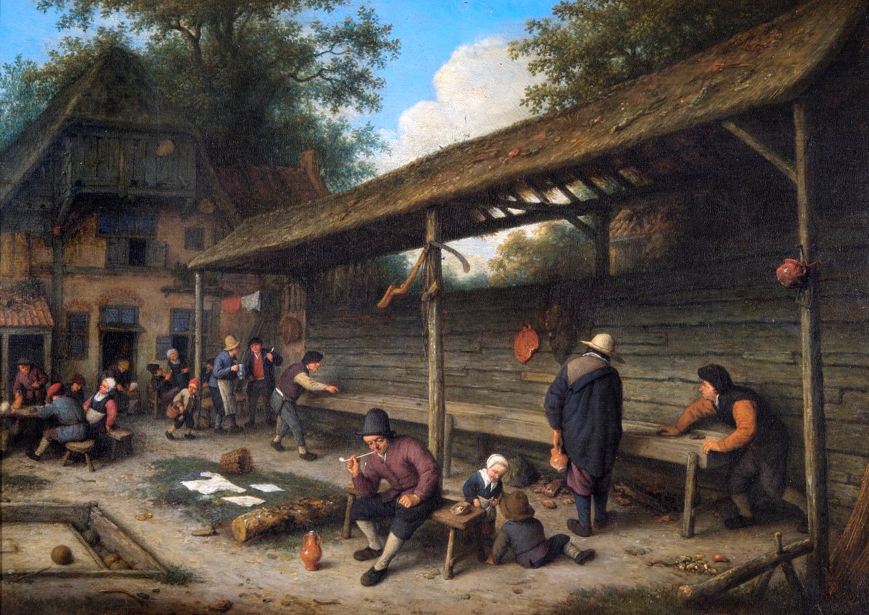 Innergård till ett värdshus med ett spel shuffleboard av Adriaen Jansz. van Ostade