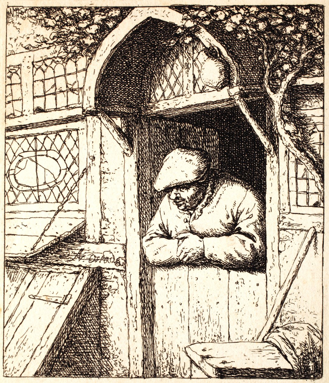 Man lutad på sin dörr, ca 1672 (etsning) av Adriaen Jansz. van Ostade