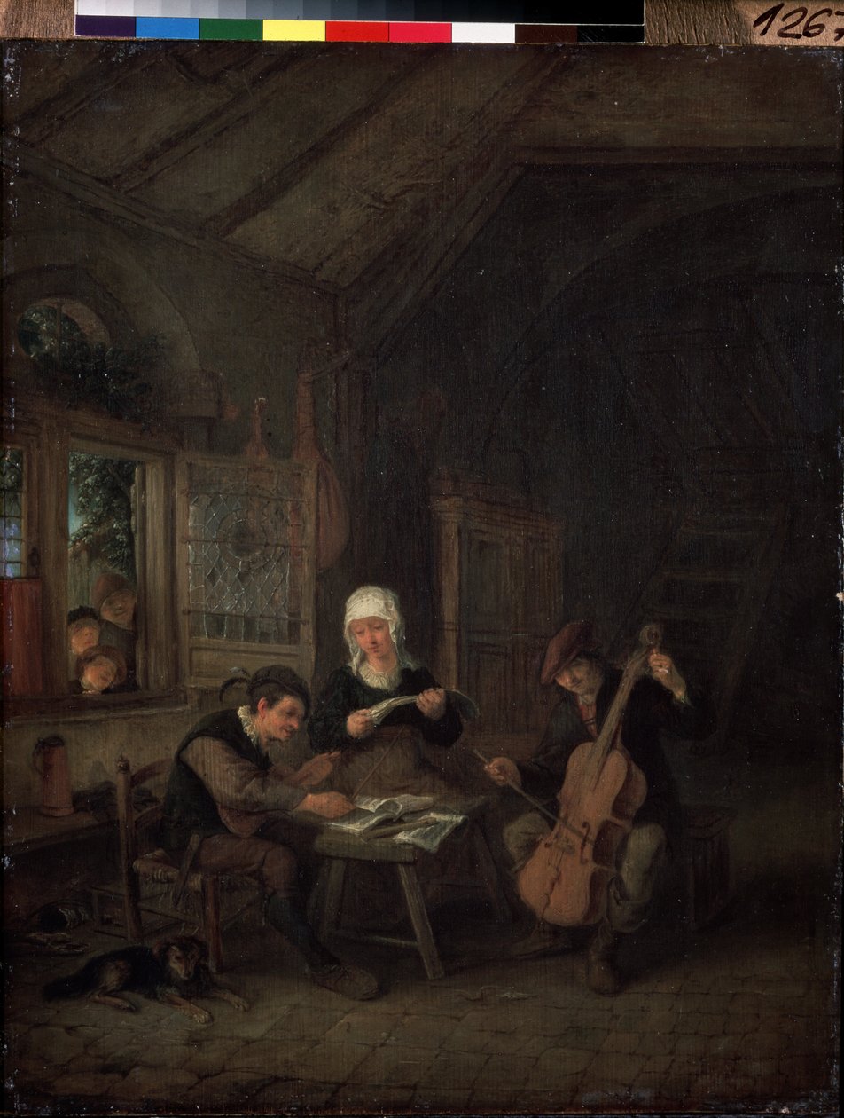 Bymusiker (Rural Musicians). Violinist och cellist spelar i ett hus. Målning av Adriaen Jansz Van Ostade (1610-1685) av Adriaen Jansz. van Ostade