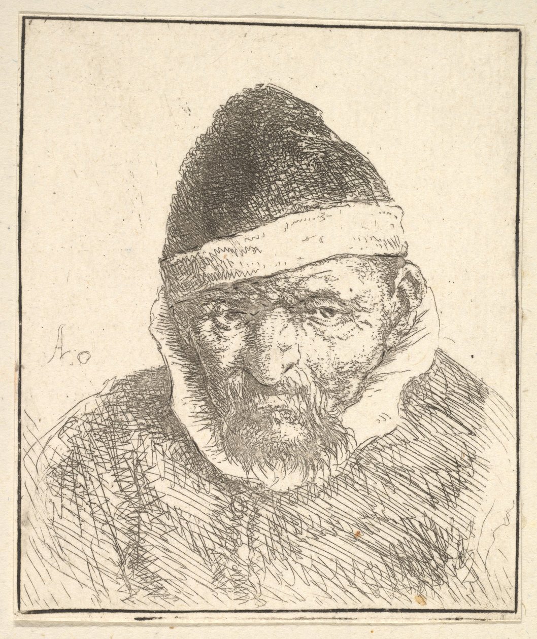 Gammal man med vit krage och spetsig hatt, 1610-85. av Adriaen Jansz. van Ostade