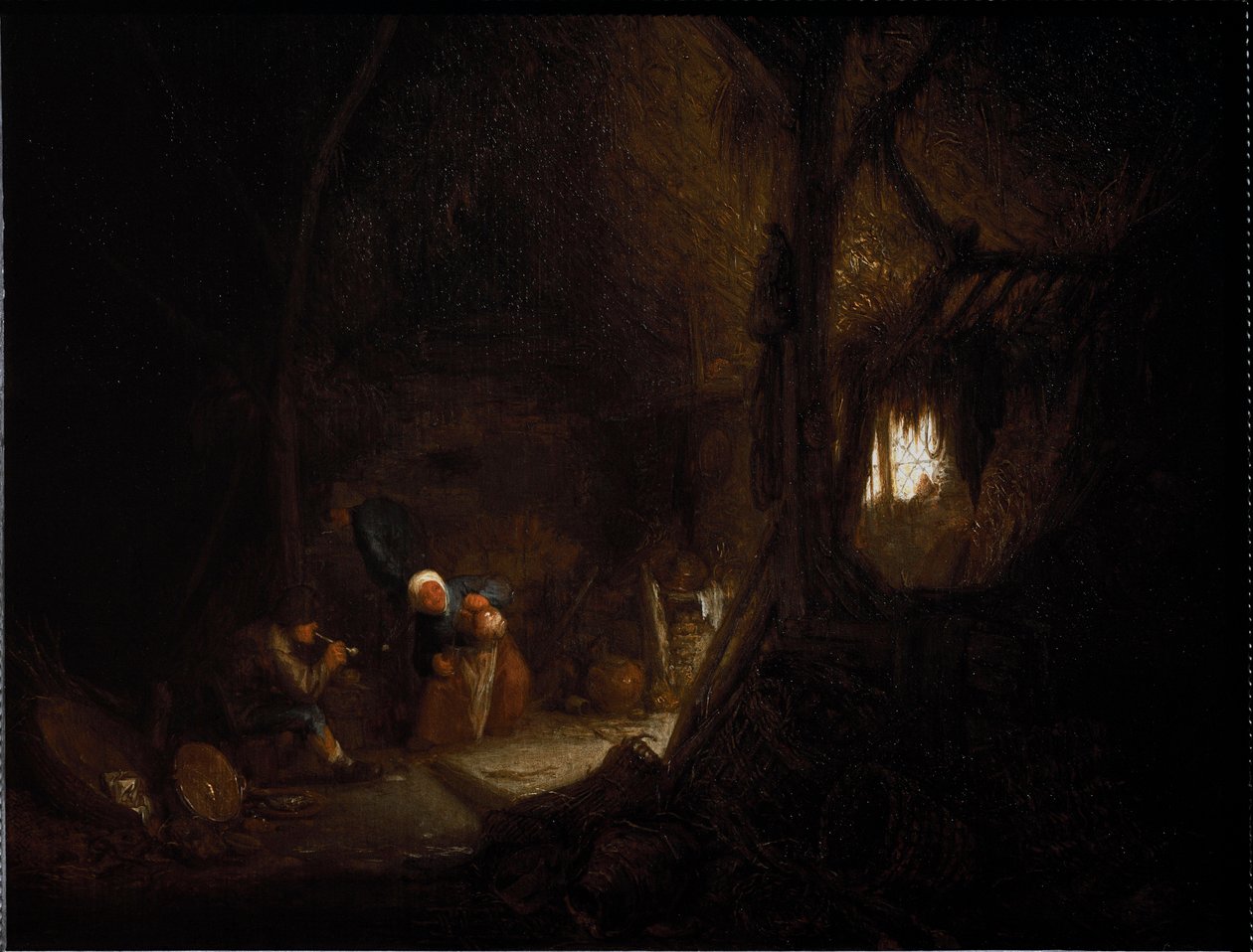Bondfamilj i en lada (olja på duk av Adriaen Jansz. van Ostade