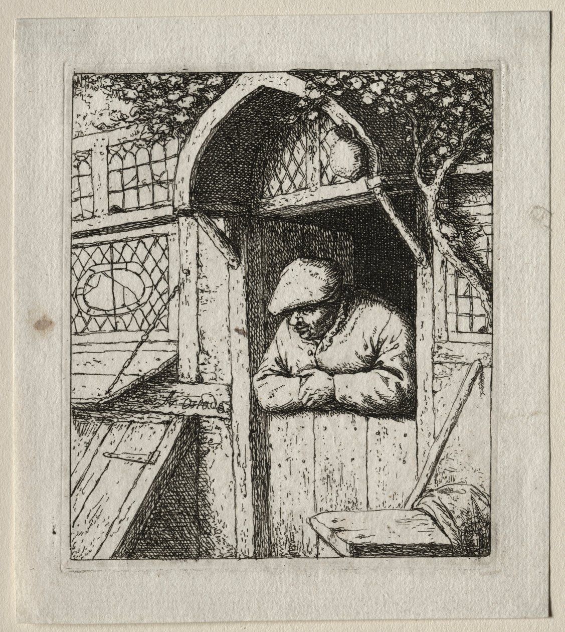Bonde lutad i sin dörröppning. av Adriaen Jansz. van Ostade