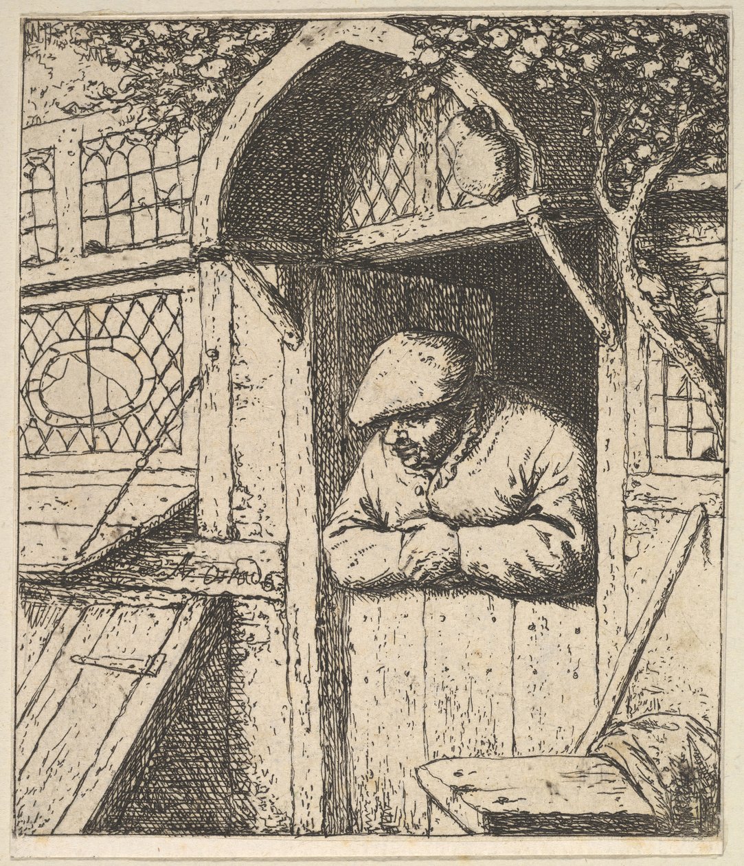 Bonde lutad mot dörr, 1610-85. av Adriaen Jansz. van Ostade