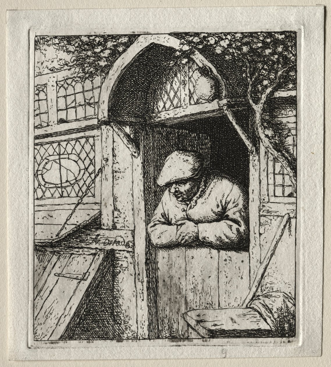 Bonde lutad på sin dörröppning. av Adriaen Jansz. van Ostade