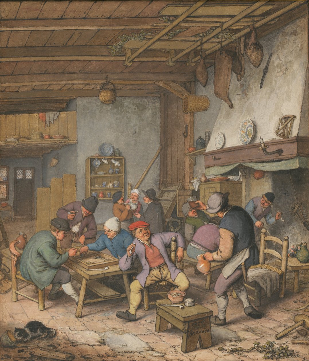 Rum i ett värdshus med bönder som dricker, röker och spelar backgam, 1678 av Adriaen Jansz. van Ostade