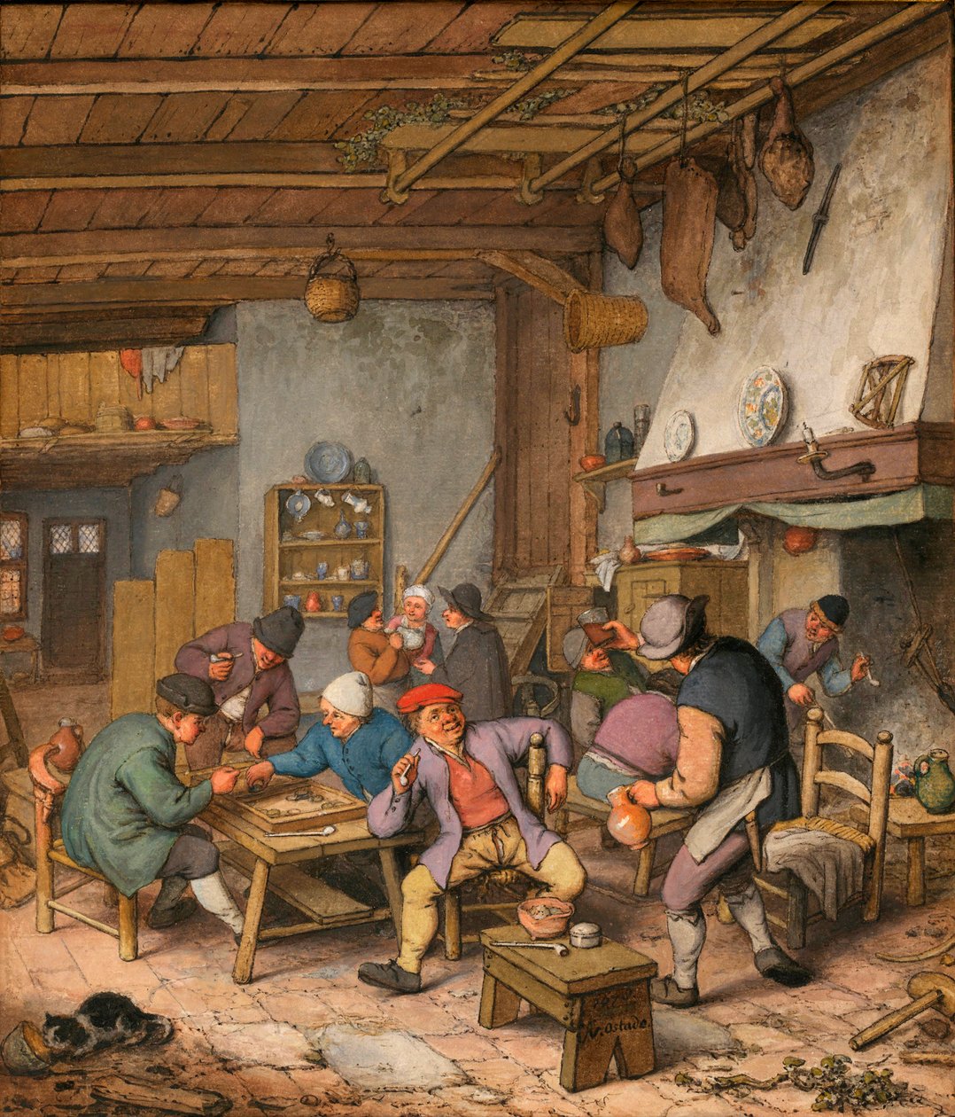 Rum på ett värdshus med bönder som dricker, röker och spelar backgammon - Verk av Adriaen Jansz van Ostade (1610-1685) Penna, krita och akvarell på papper av Adriaen Jansz. van Ostade