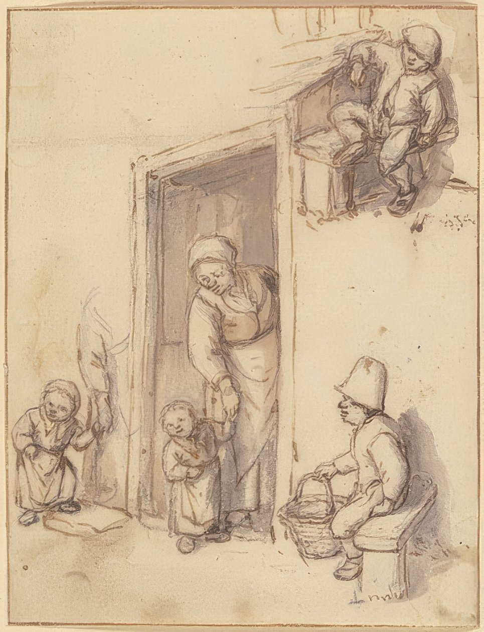 Studieblad med en mamma och hennes dotter i ytterdörren, två pojkar sittande. 1660-talet av Adriaen Jansz. van Ostade