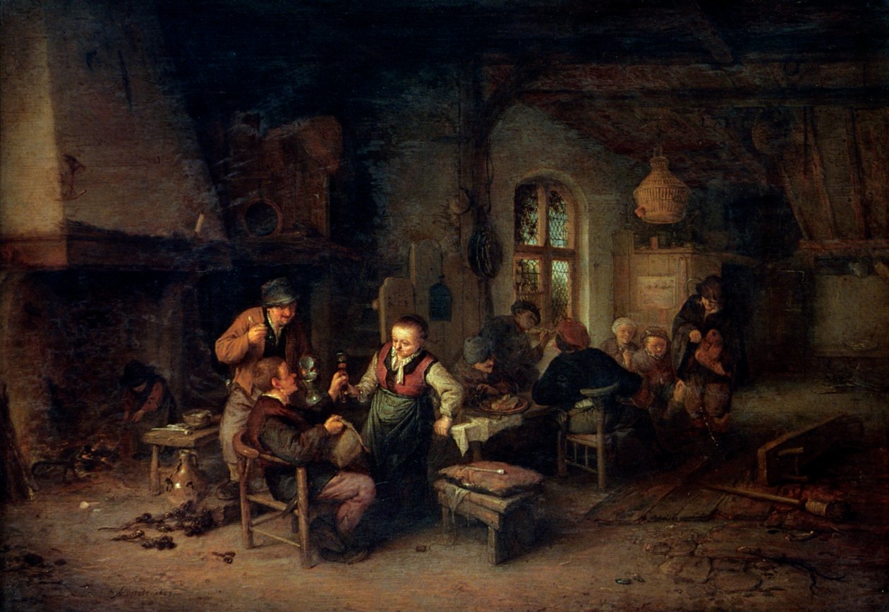 Interiören av ett värdshus med nio bönder och en Hurdy-Gurdy-spelare, 1653. av Adriaen Jansz. van Ostade