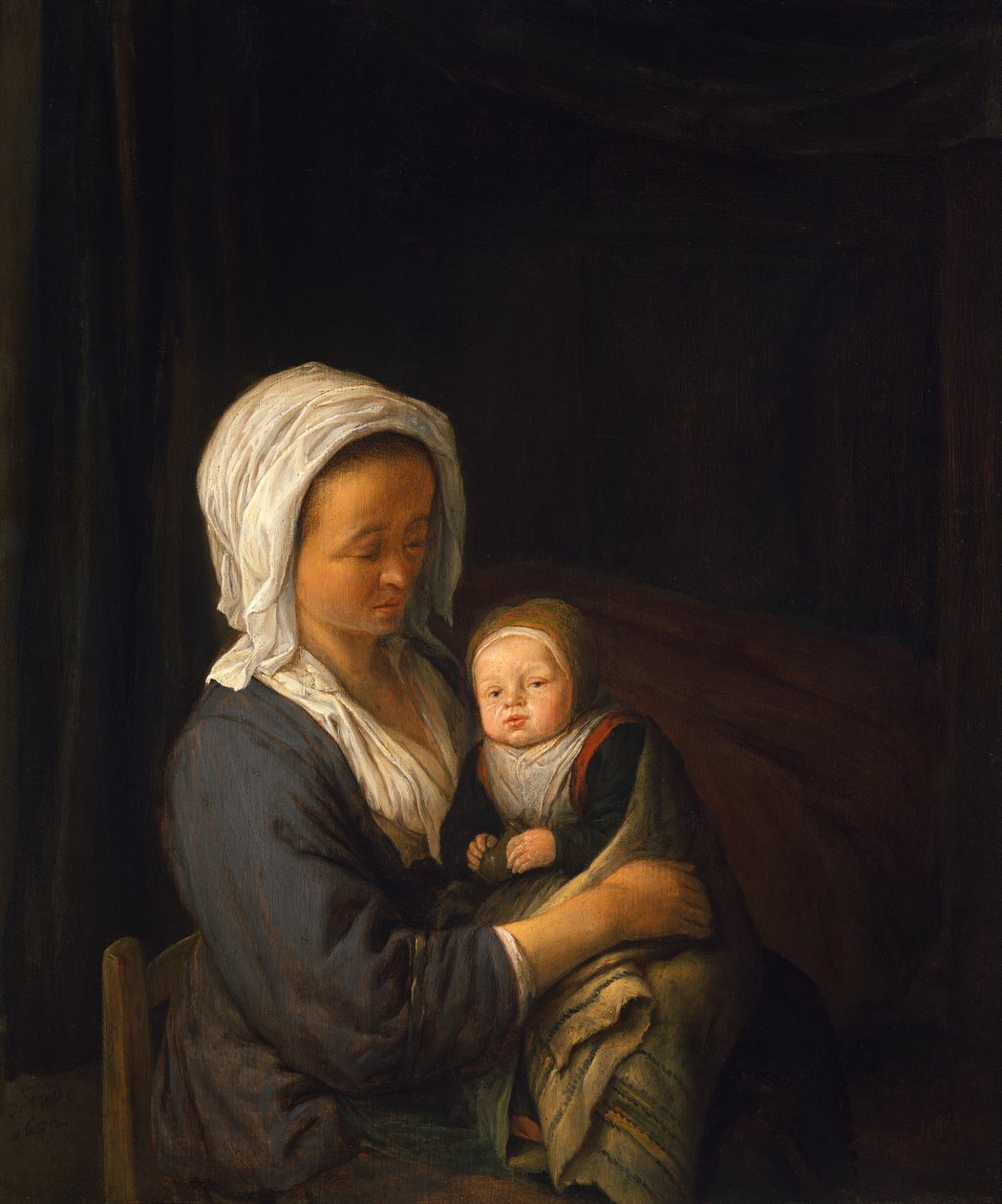 Kvinna som håller ett barn i knäet av Adriaen Jansz. van Ostade
