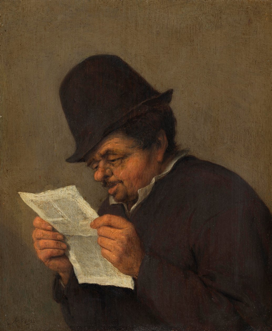 Gammal bonde som läser en tidning, ca 1647 (olja på ek) av Adriaen Jansz. van school of Ostade