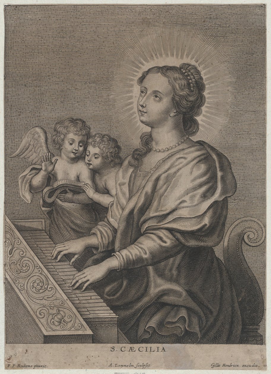 Sankta Cecilia spelar orgel med två putti till vänster, ca. 1654-77. av Adriaen Lommelin