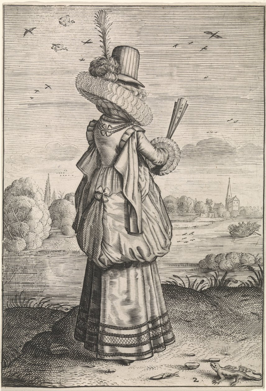 Adelskvinnor och landsmäns kläder och uppförande Elegant dam från hagedis Kleding och omgivning av Nederlandse adellijke dames en boerinnen (serietitel) De ädla och rostiga matronernas beteende och dyrkan av Adriaen Matham (possibly)