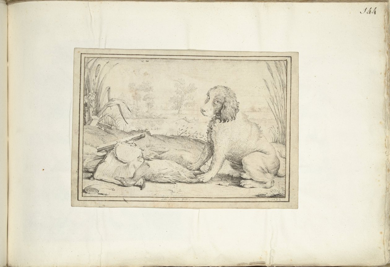Hund bredvid jaktutrustning och byte i landskapet av Adriaen Matham (signed by artist)