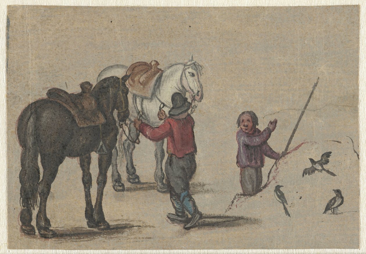 Man håller två hästar och en man med fåglar av Adriaen Pietersz van de Venne (possibly)
