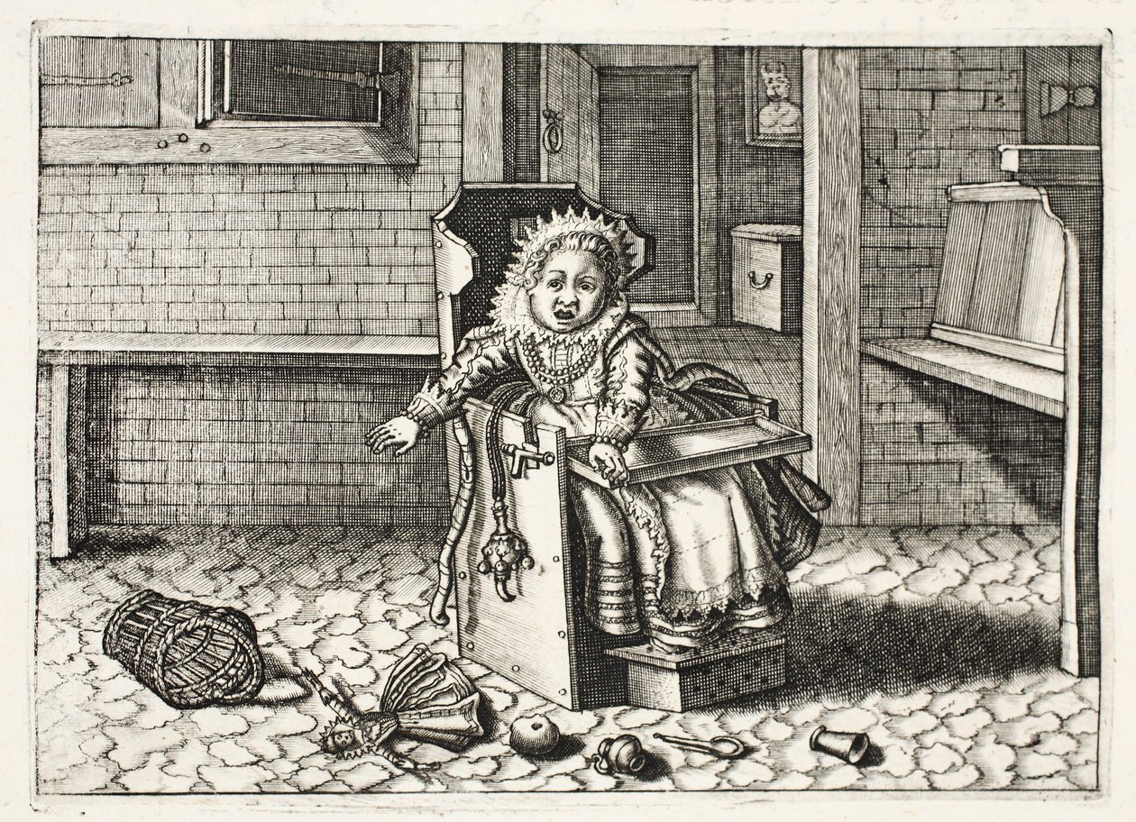 Baby gråter efter sina leksaker, illustration från 