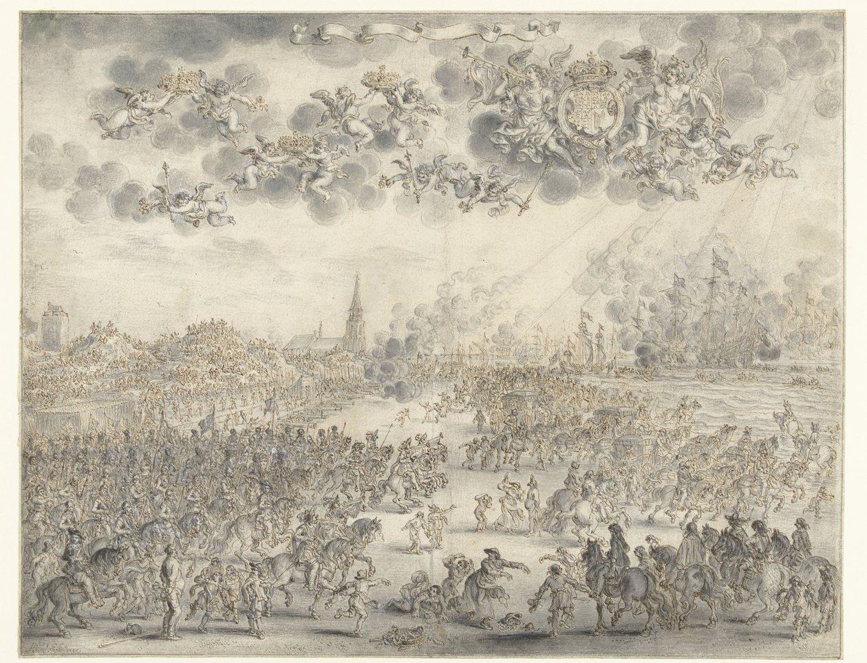 Karl II:s avgång från Scheveningen Kung Karl II går ombord på Scheveningen den 2 juni 1660 av Adriaen Pietersz van de Venne
