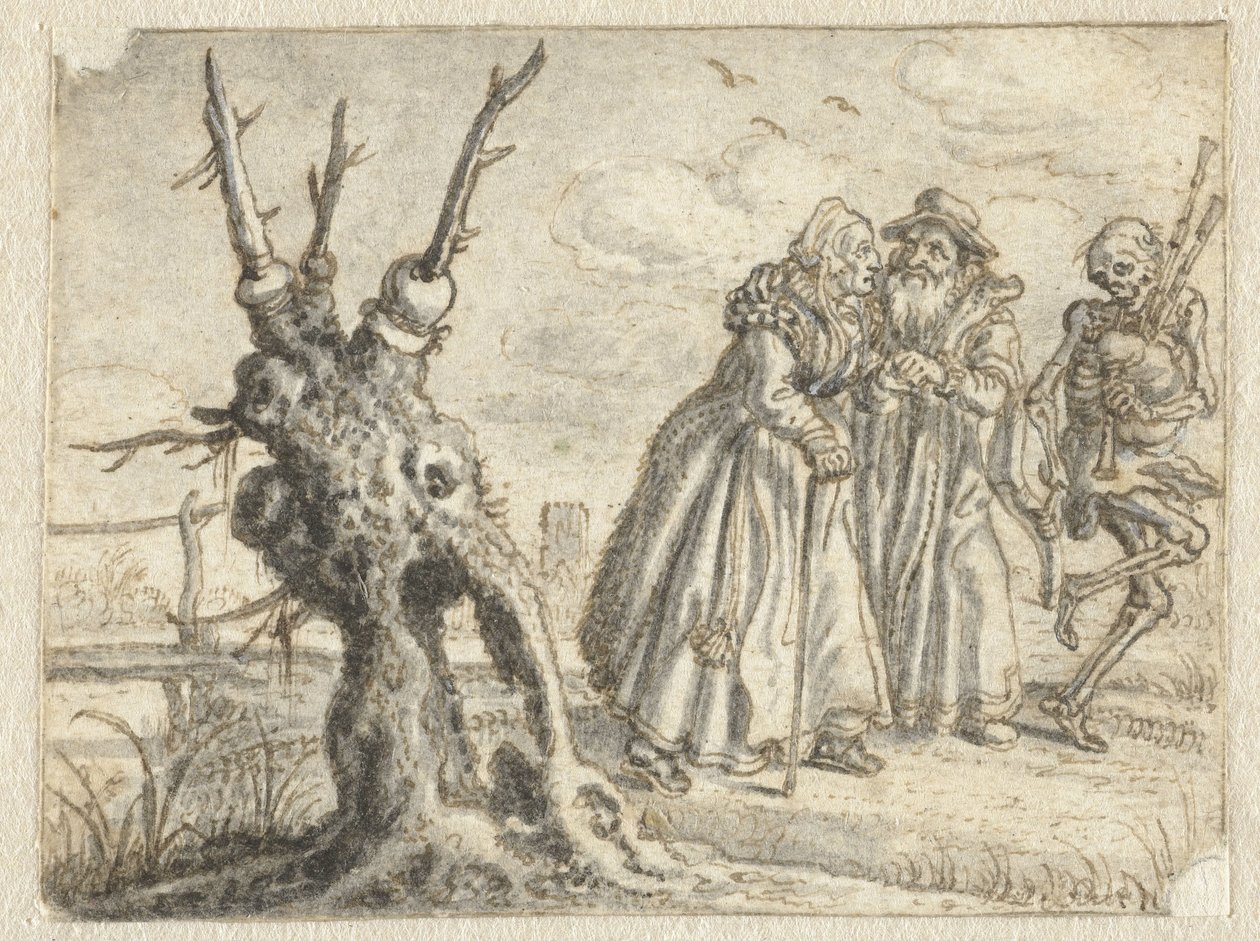Äldre man och kvinna som villigt följer döden och spelar säckpipa av Adriaen Pietersz van de Venne