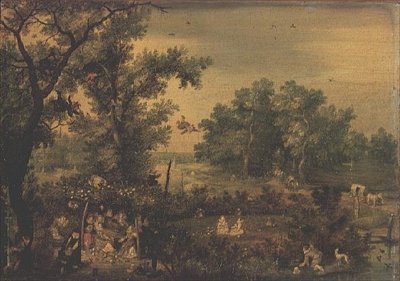 Eleganta kvinnor som gör musik i en berså av Adriaen Pietersz. van de Venne