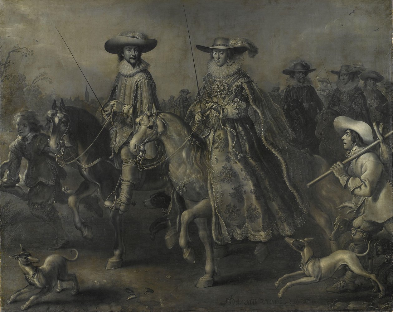 Friedrich V (1596-1632), kurfurst av Pfalz, kung av Böhmen, och hans hustru Elizabeth Stuart (1596-1662) till häst av Adriaen Pietersz van de Venne