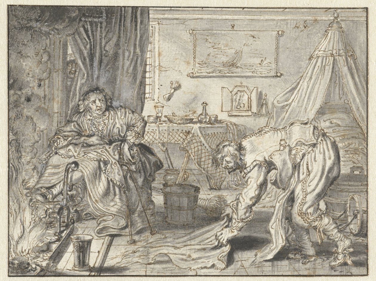 Man som städar golvet medan hans fru sitter vid härden av Adriaen Pietersz van de Venne