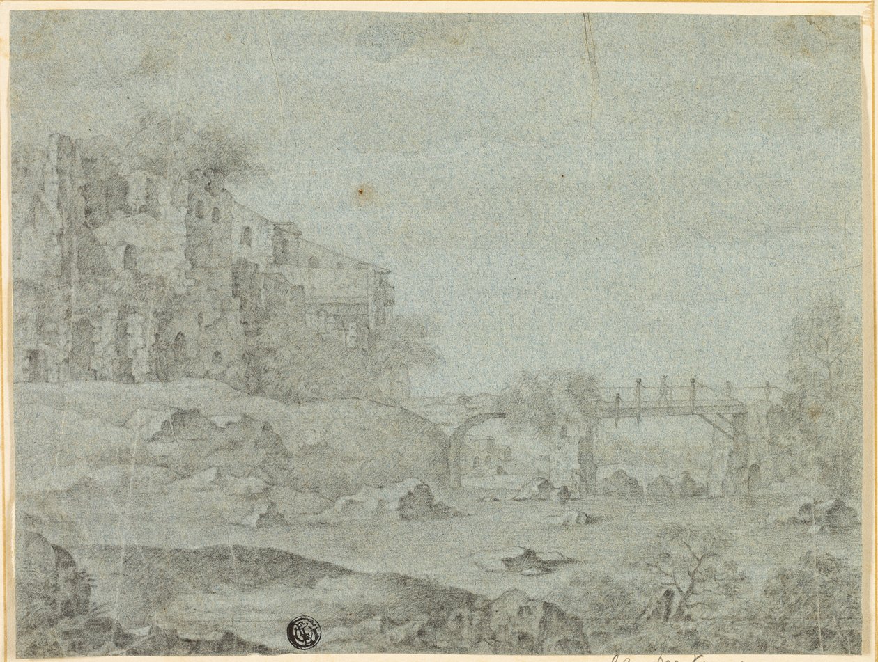 Ruiner med utsikt över floden med bro av Adriaen Pietersz. van de Venne