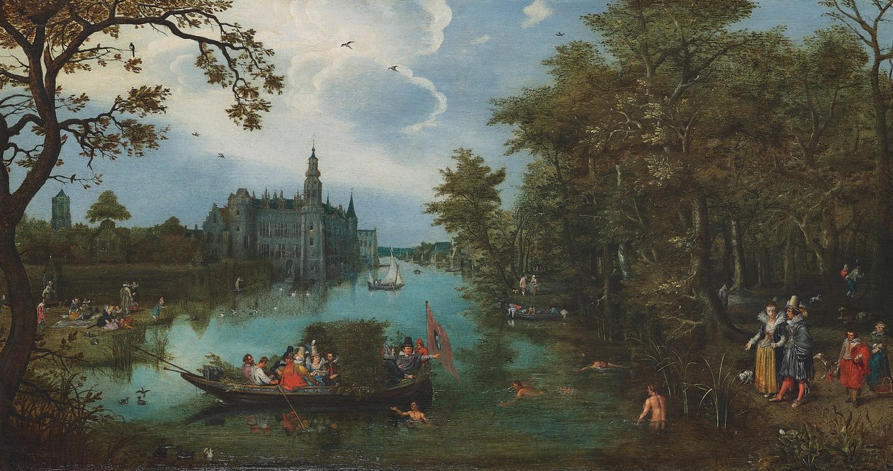 Sommarlandskap med båtgrupp och badgäster av Adriaen Pietersz. van de Venne