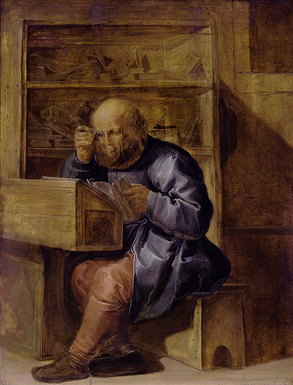 Korrekturläsaren Cornelis Kiel på jobbet, första halvan av 1600-talet.. av Adriaen Pietersz. van de Venne