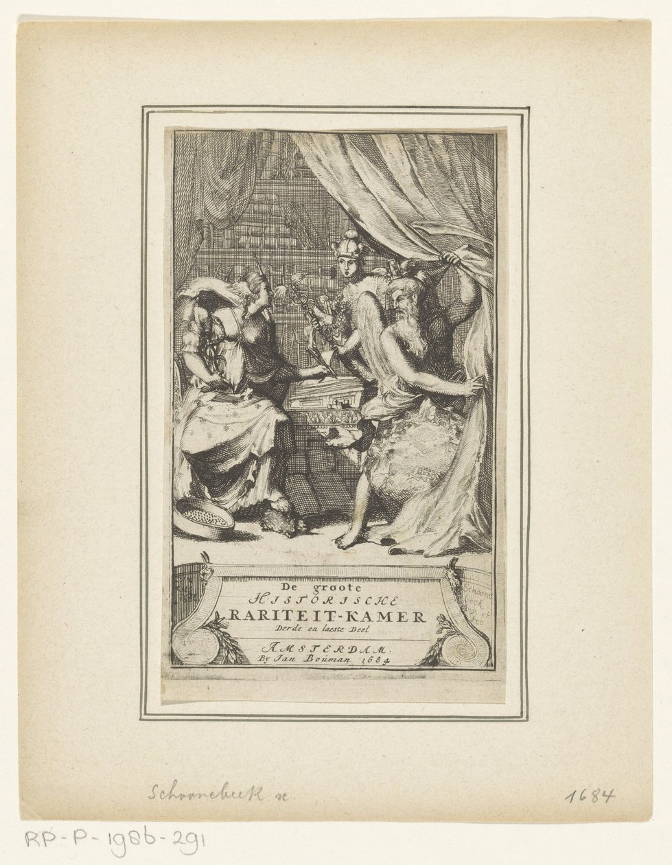 Allegorisk representation med Fader Tid, Merkurius och Visdom The Great Historical Room of Curiosity, tredje och sista volymen (titel på objekt) Titelsida för: Simon de Vries, De kunniga sinnens ädlaste tidsrabatt, eller Den stora historiska raren av Adriaen Schoonebeek