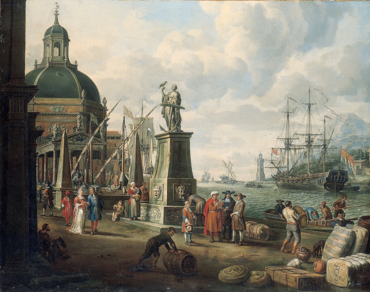 En capriccio av en medelhavshamn med köpmän, ett elegant par på kajen, före en staty av hopp och en barockkyrka, en fyr, en holländsk man-o-war och annan sjöfart bortom, 1700 av Adriaen Verdoel