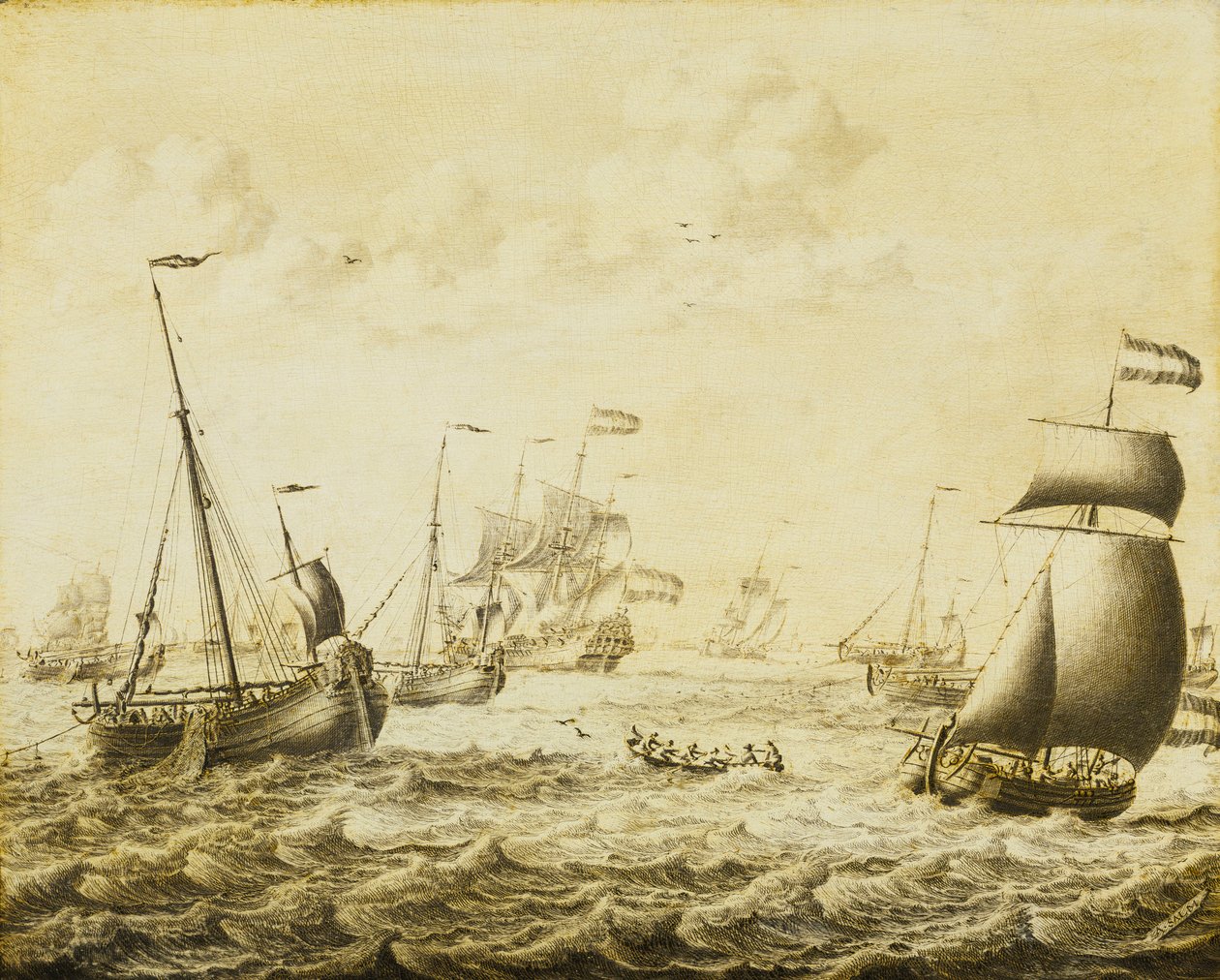 Holländskt sillfiske, slutet av 1600-talet (grisaille på pannå) av Adriaen or Abraham Salm