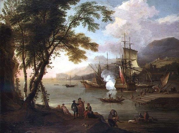 En capriccio av en medelhavshamn med sjöfart, köpmän och hamnar av Adriaen van Diest
