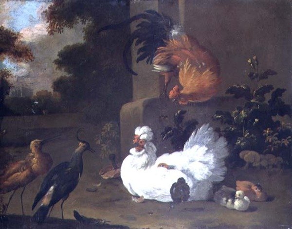 En Ruft, en Lapwing och höns vid ett monteringsblock av Adriaen van Oolen