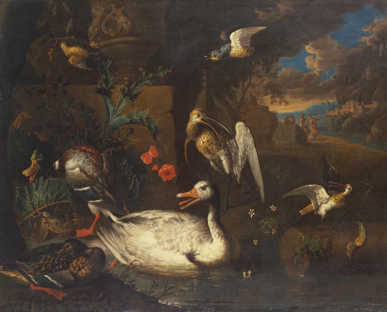 Vilda fåglar i ett landskap och figurer (olja på duk) av Adriaen van Oolen
