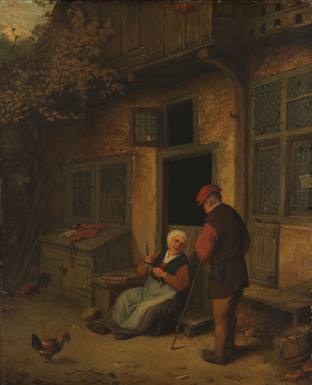 En kvinna som rensar sill framför sitt hus av Adriaen van Ostade (copy after)