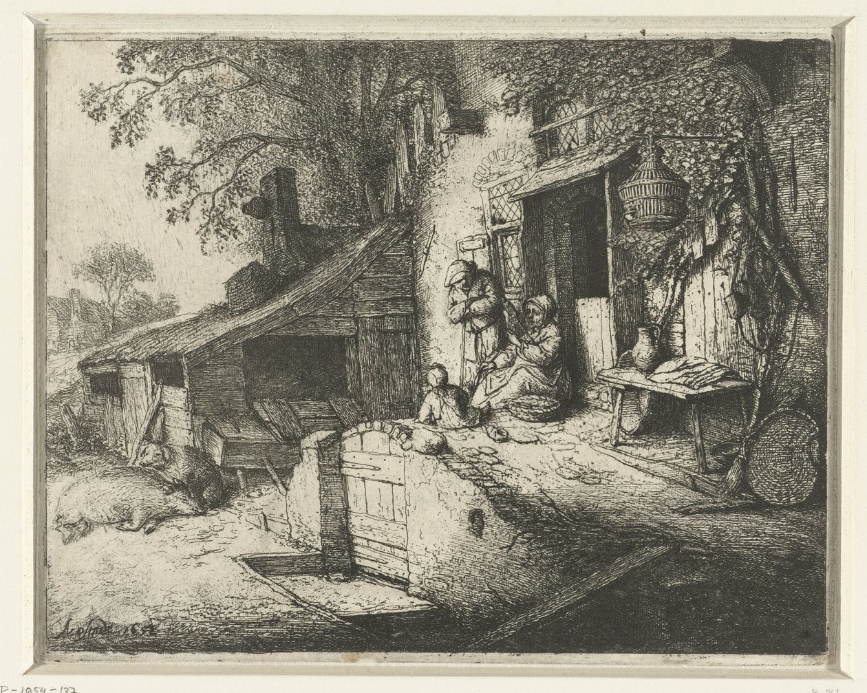 Spinnande kvinna framför ett hus Den snurrande kvinnan vid dörren av Adriaen van Ostade (signed by artist)