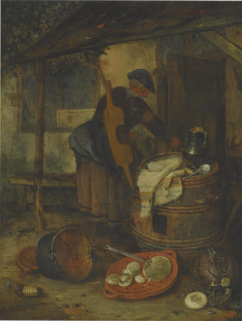 En piga vid en dörr med en tunna och grönsaker av Adriaen Jansz. van Ostade