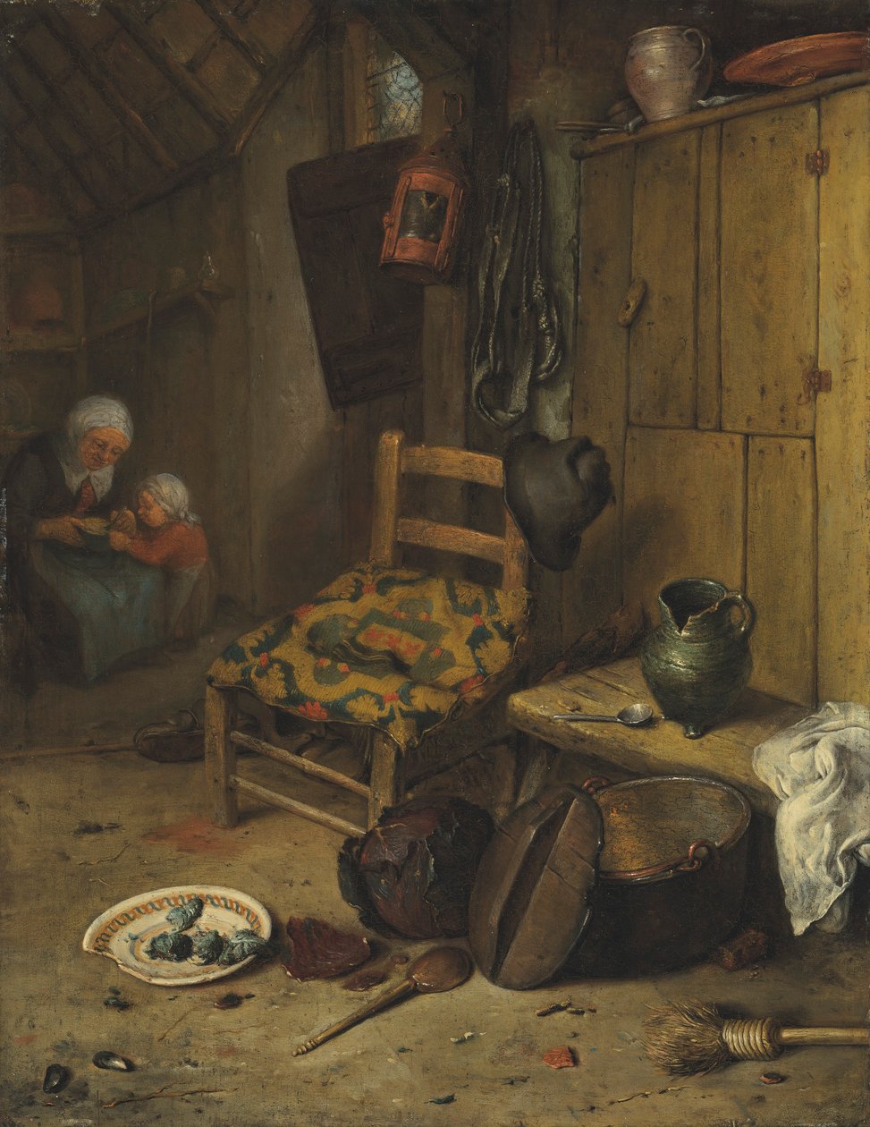 En köksinredning med en mor och ett barn
familjen Van Doernes vapensköld på den vävda kudden av Adriaen van Ostade