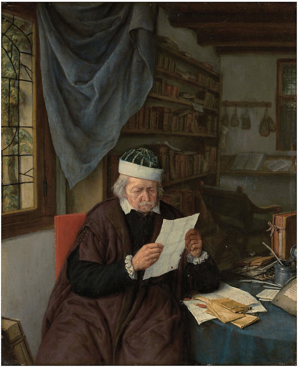 En advokat sitter vid ett bord och läser ett brev av Adriaen van Ostade