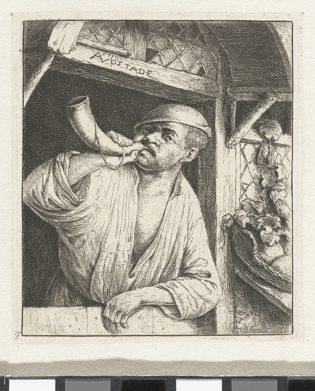Baker blåser i ett horn av Adriaen van Ostade