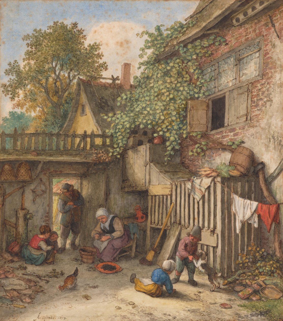 En innergård där en kvinna rensar musslor av Adriaen van Ostade
