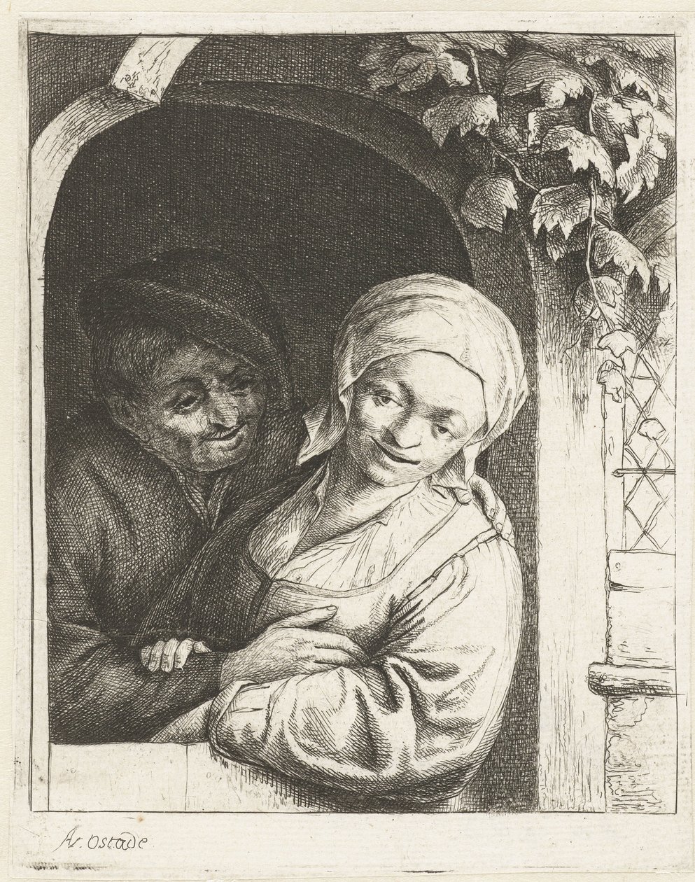 Bonde och bondhustru som kärlekspar i en dörröppning Bondens kärlekspar bondefrieri av Adriaen van Ostade
