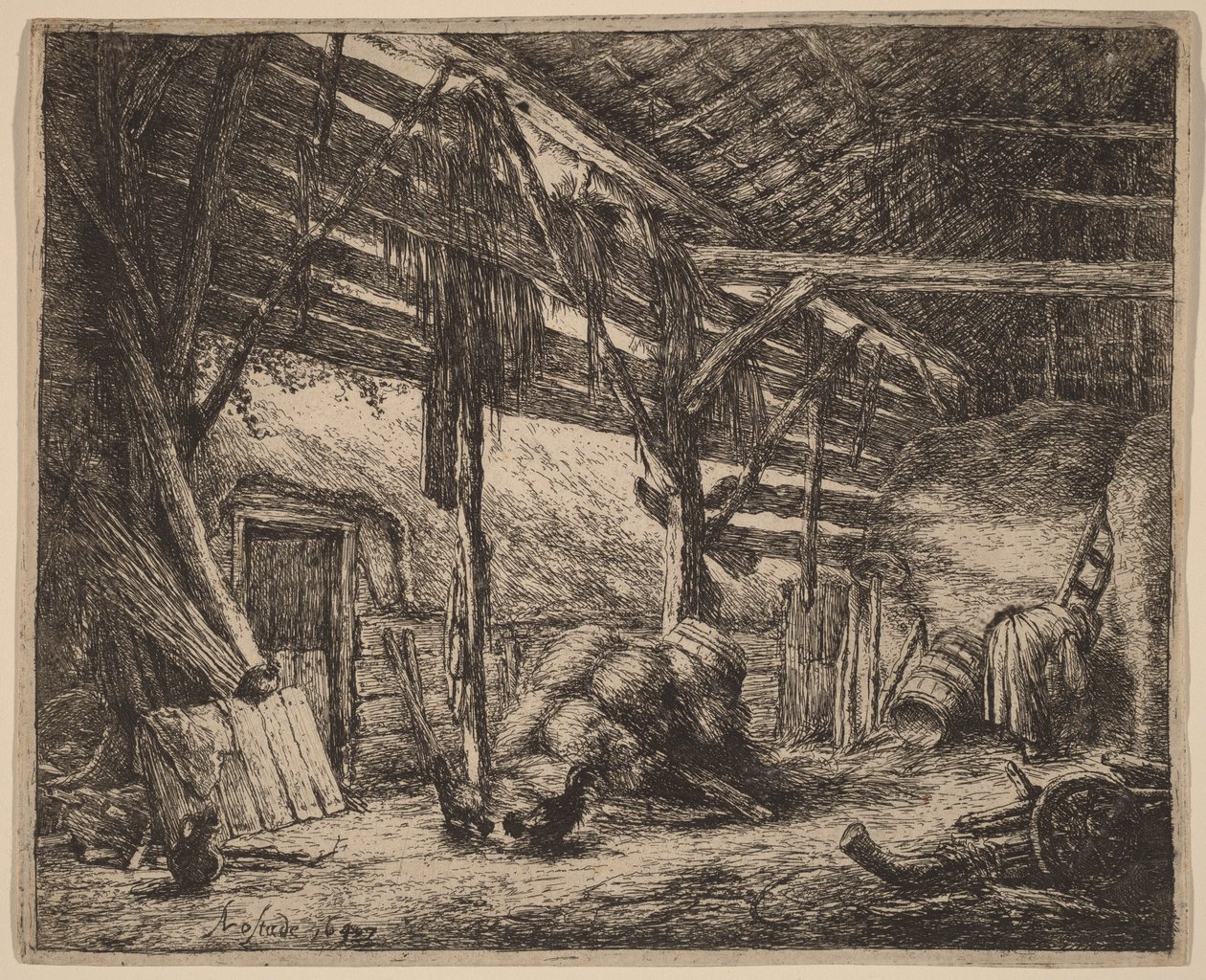 Interiör i en ladugård med en bondkvinna i arbete av Adriaen van Ostade
