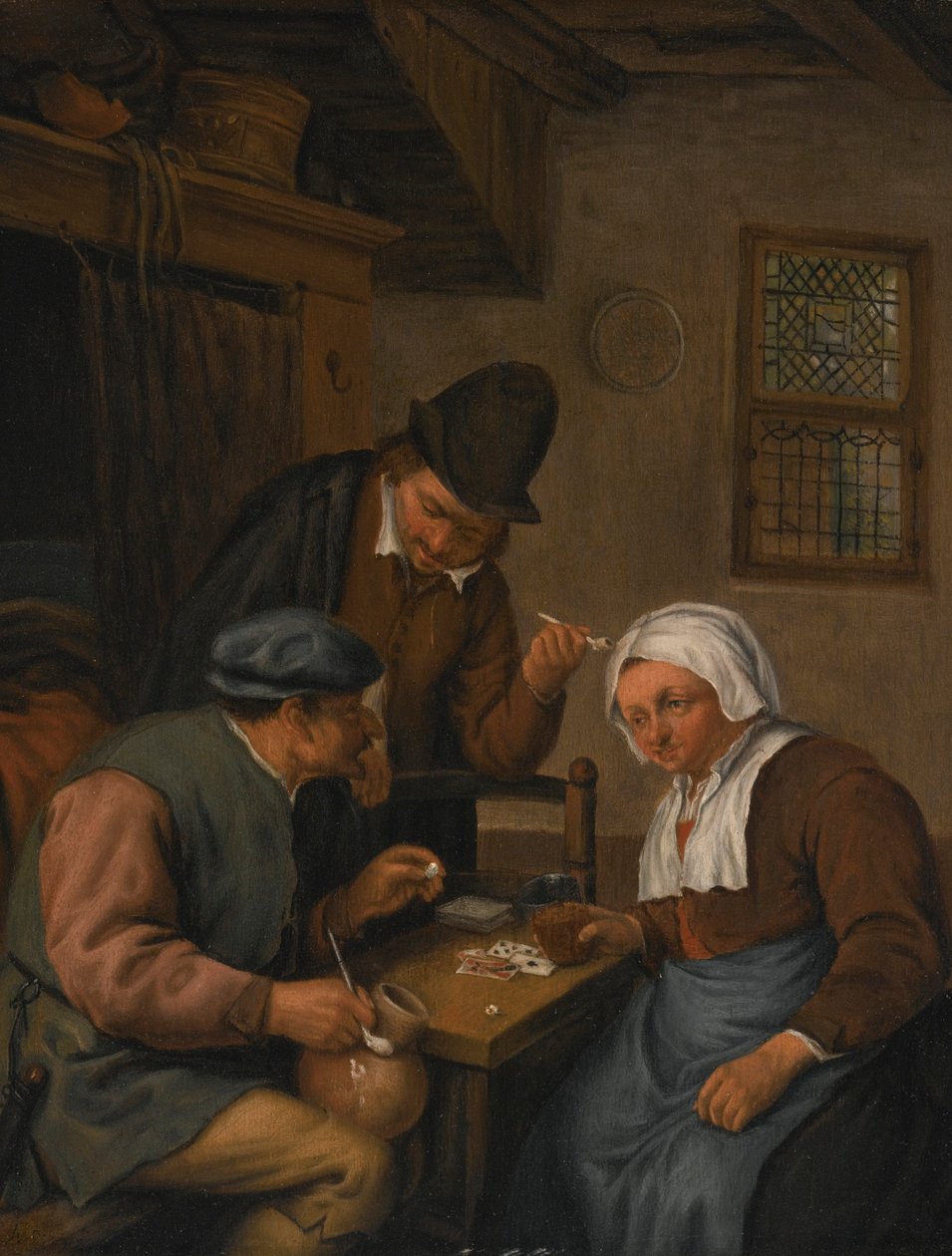 Interiör med bönder som spelar kort av Adriaen van Ostade