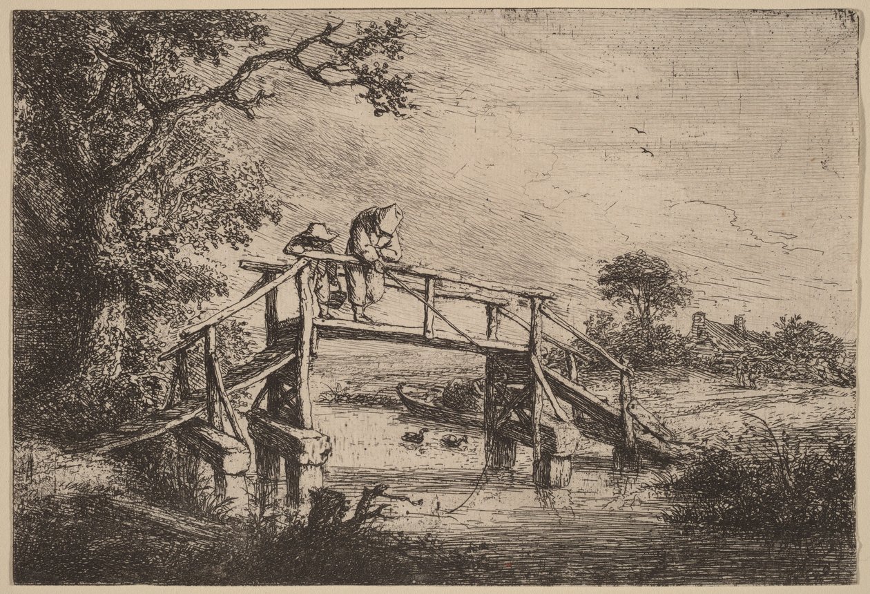 Landskap med en bro och två fiskare av Adriaen van Ostade
