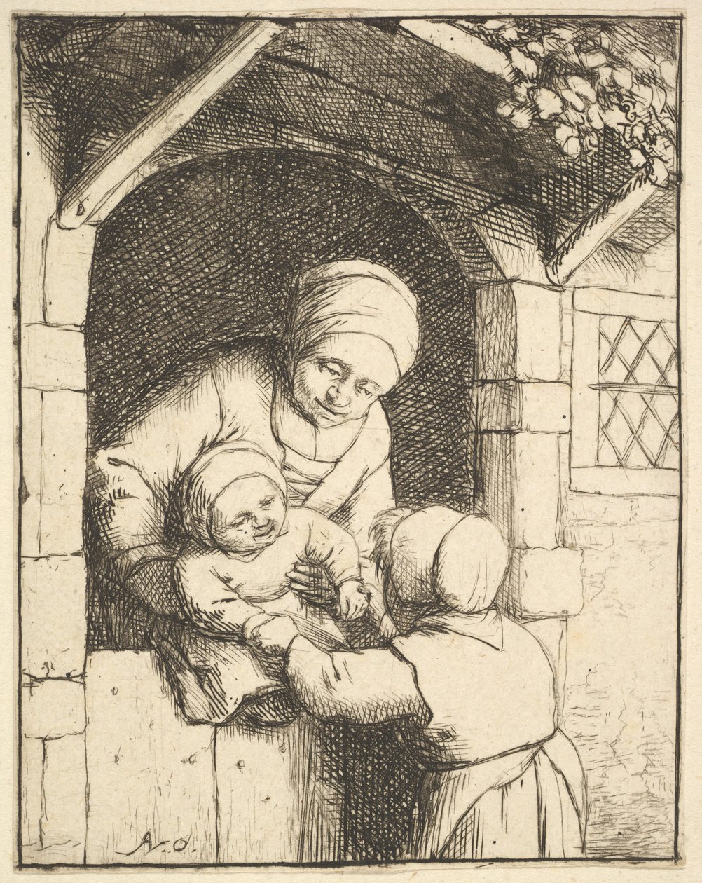 Liten flicka som leker med en bebis i sin mors armar, 1610-85. av Adriaen van Ostade