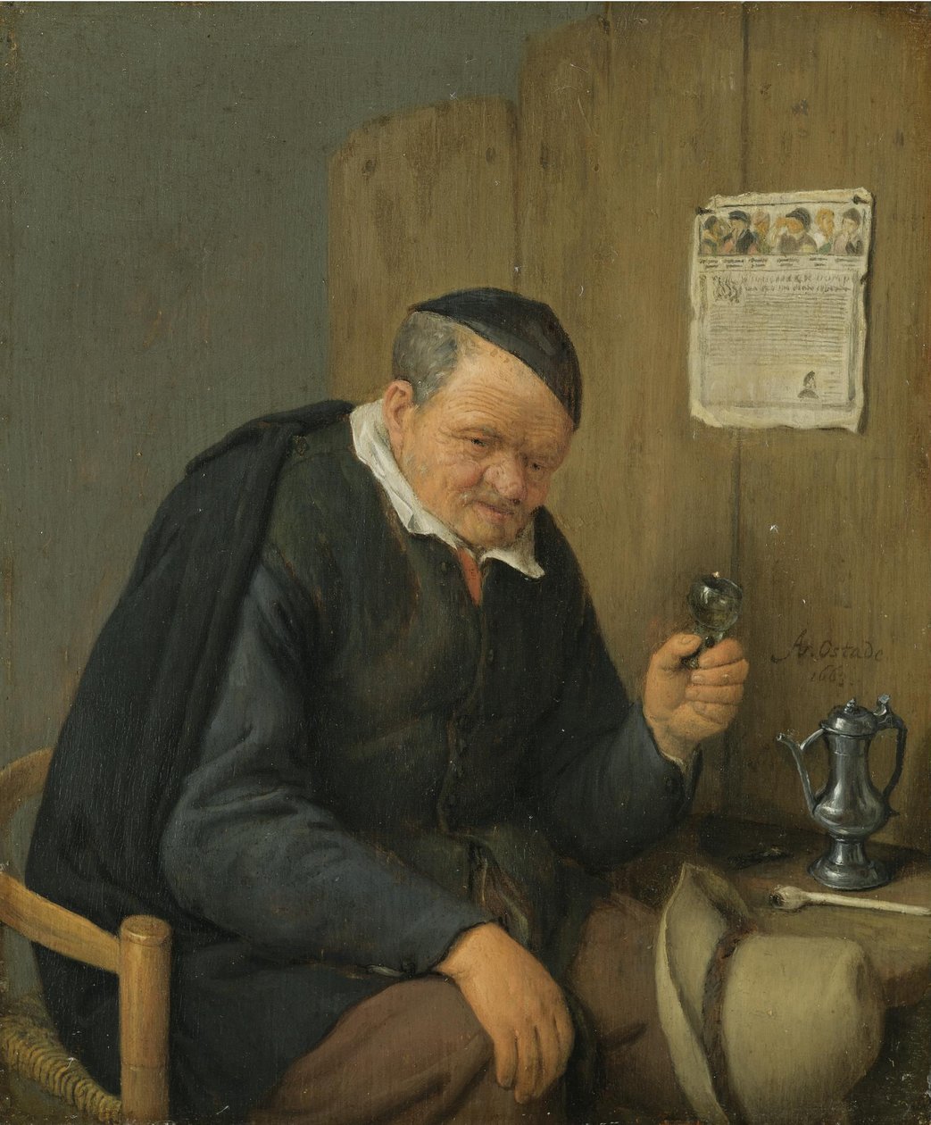 Gammal man håller ett vinglas av Adriaen van Ostade
