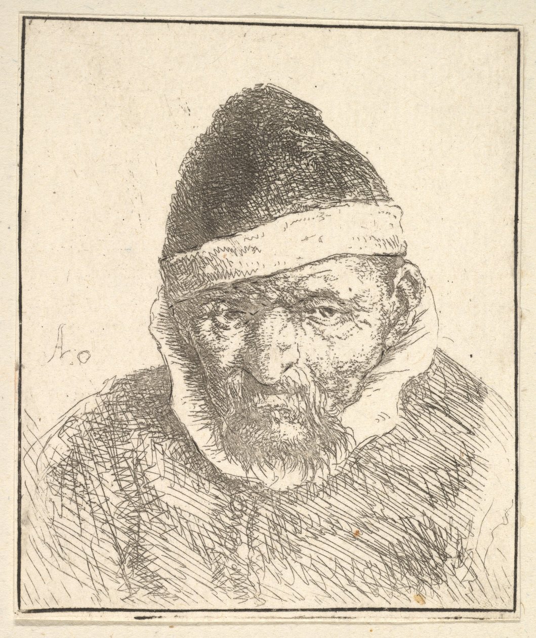 Gammal man med vit krage och spetsig hatt av Adriaen van Ostade