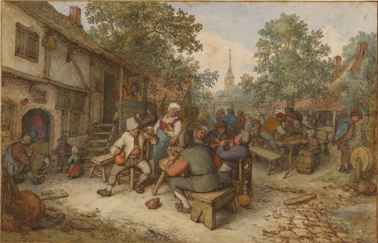 Bondefest på en gata i en stad av Adriaen van Ostade